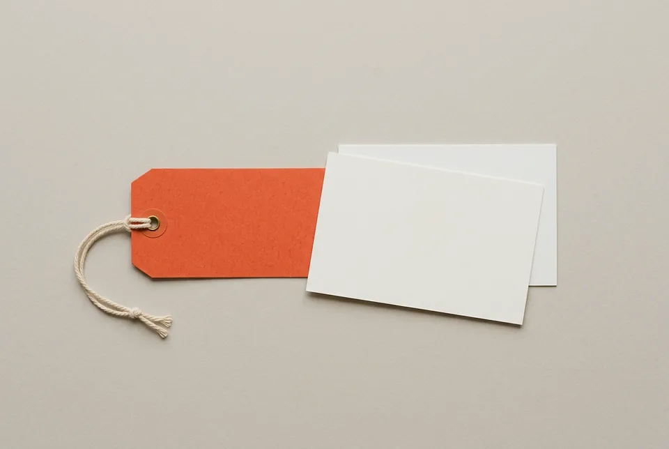 An orange-red paper luggage tag on string beside two blank index cards