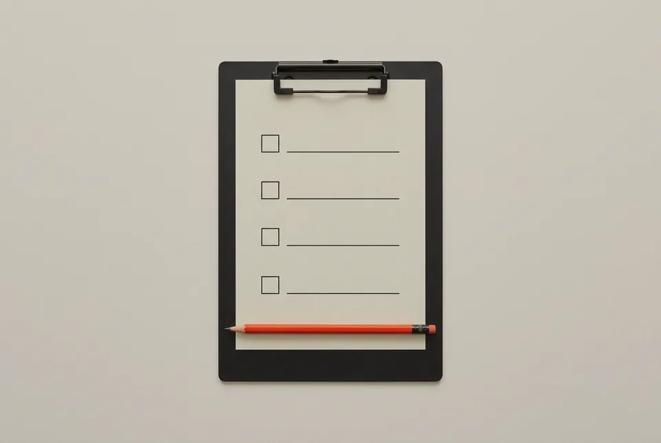 A black clipboard holding a blank checklist form, an orange-red pencil across the bottom