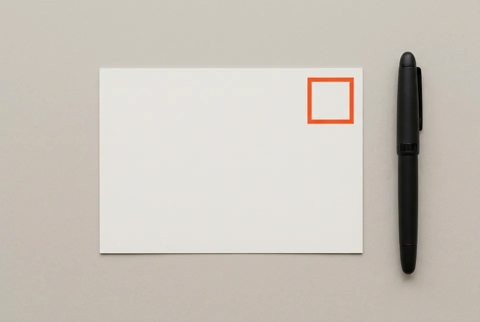 A blank postcard with an empty orange-red stamp square, beside a black fountain pen