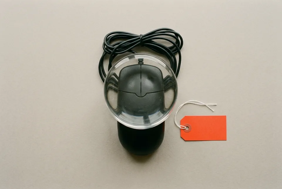 A black computer mouse under a glass paperweight, an orange-red tag beside it