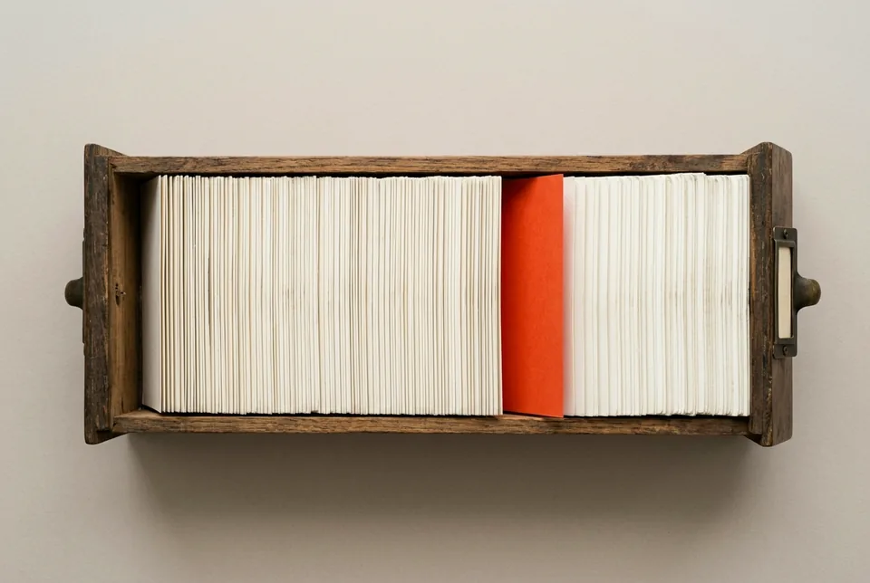 A wooden card catalogue drawer full of blank index cards, one orange-red divider