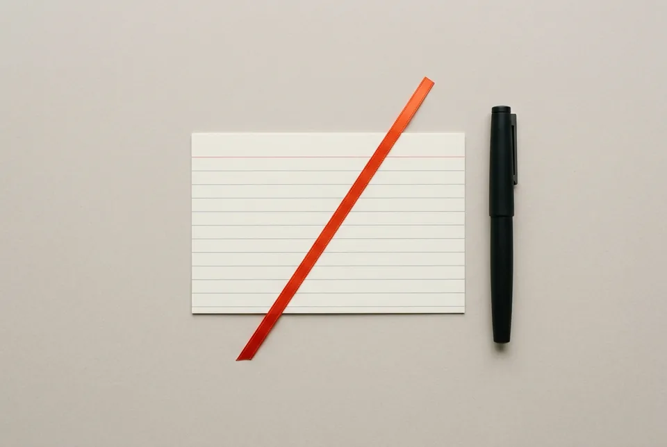 A black fountain pen beside a blank lined index card with an orange-red ribbon across it