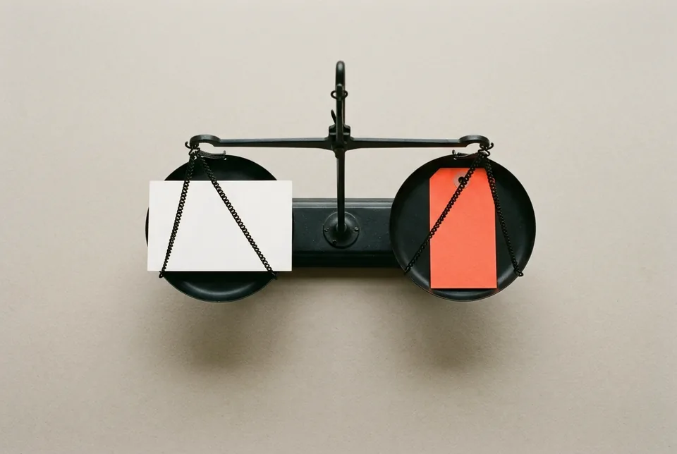 A small black balance scale holding a blank index card in one pan and an orange-red tag in the other