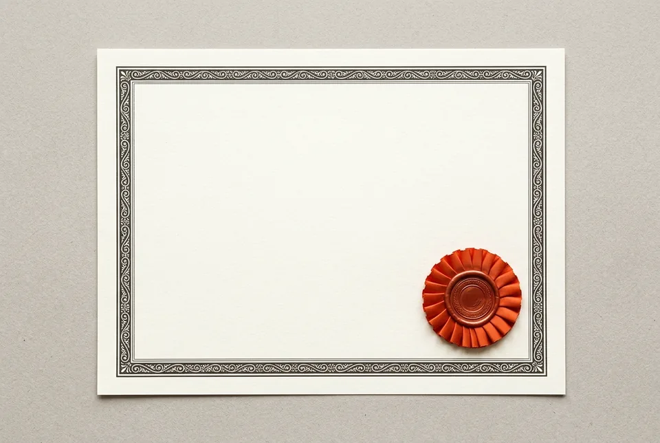 A blank certificate with a plain border and an orange-red rosette seal
