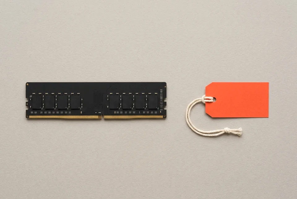 A black memory module beside an orange-red paper tag on string