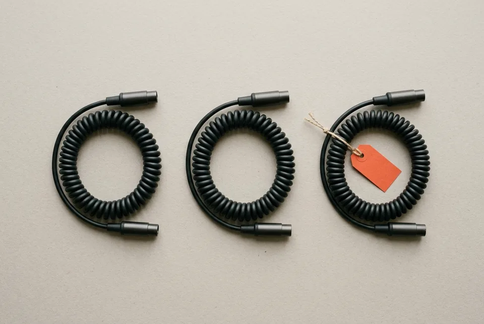Three coiled black cables side by side, one with an orange-red tag