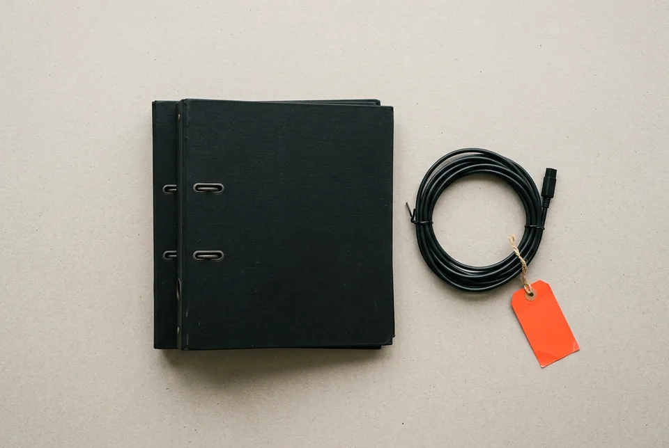 A black ring binder beside a coiled cable ending in an orange-red tag