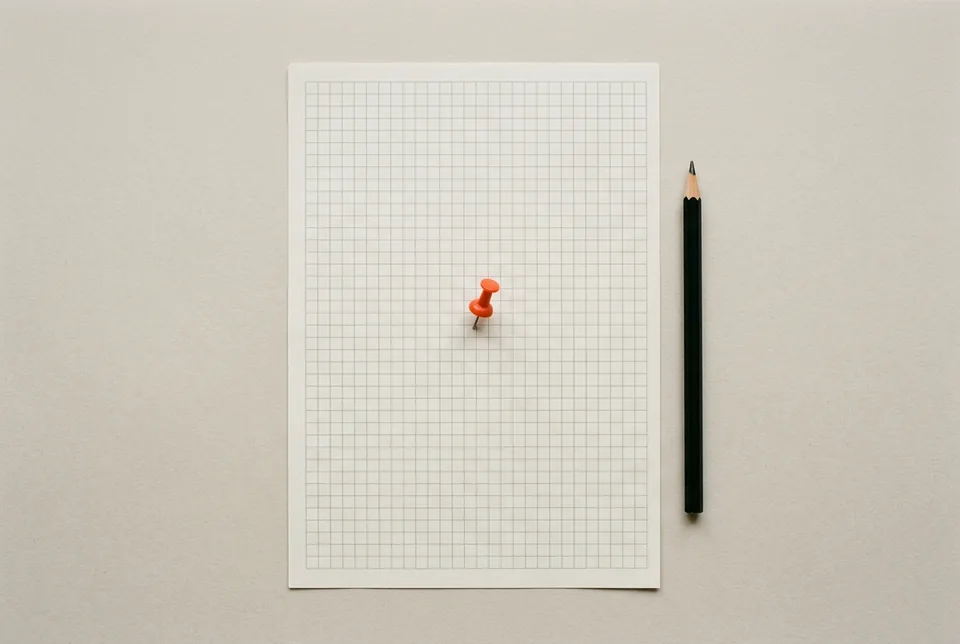 A sheet of graph paper with one orange-red pin and a pencil beside it