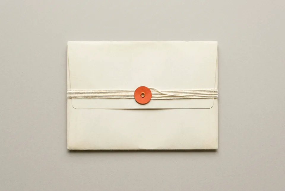 A closed envelope with a string wound around an orange-red button