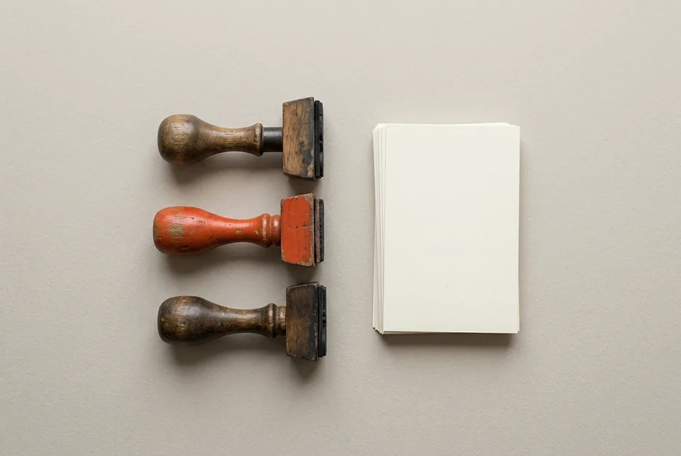 Three rubber stamps, one with an orange-red handle, beside a stack of blank index cards