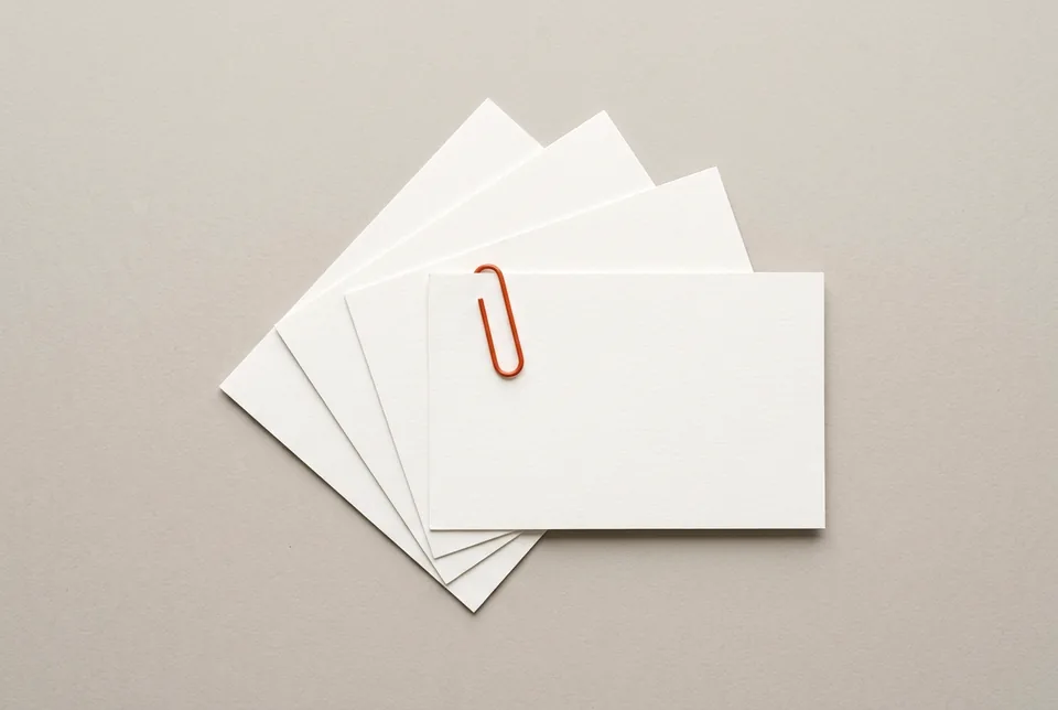 A fan of blank index cards, one held by an orange-red paper clip