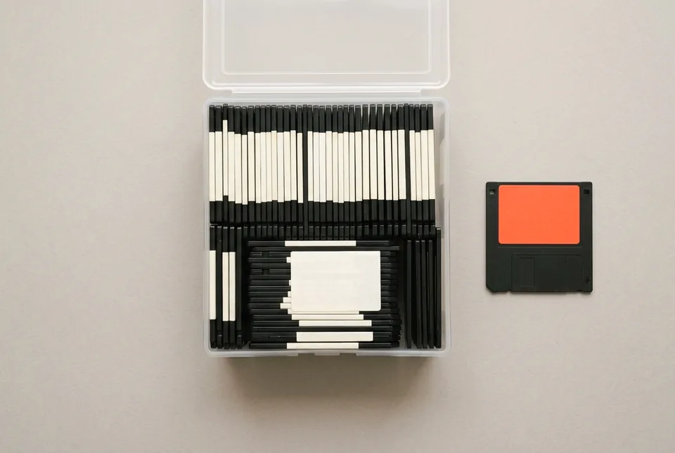 A storage box of floppy disks with blank labels, one disk outside it with an orange-red label