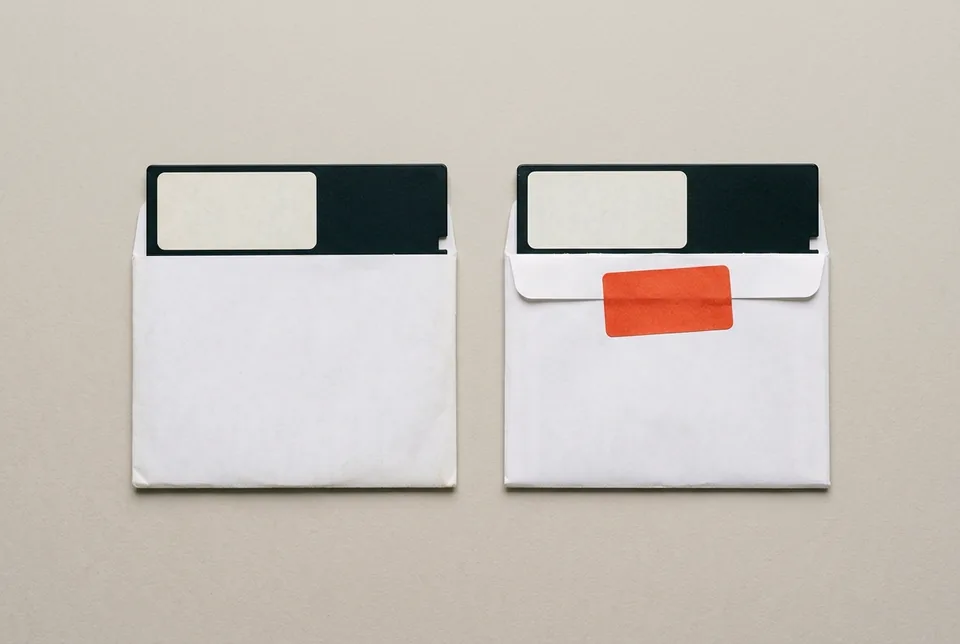 Two floppy disks in paper sleeves, one sleeve sealed with an orange-red label