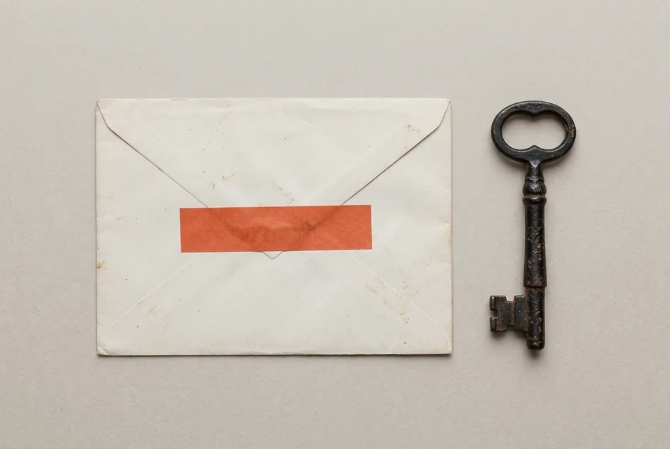 A blank envelope sealed with orange-red tape, beside an old iron key